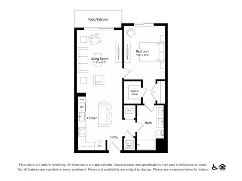 Floor plan for 1 bed, 1 bath, 811 sqft